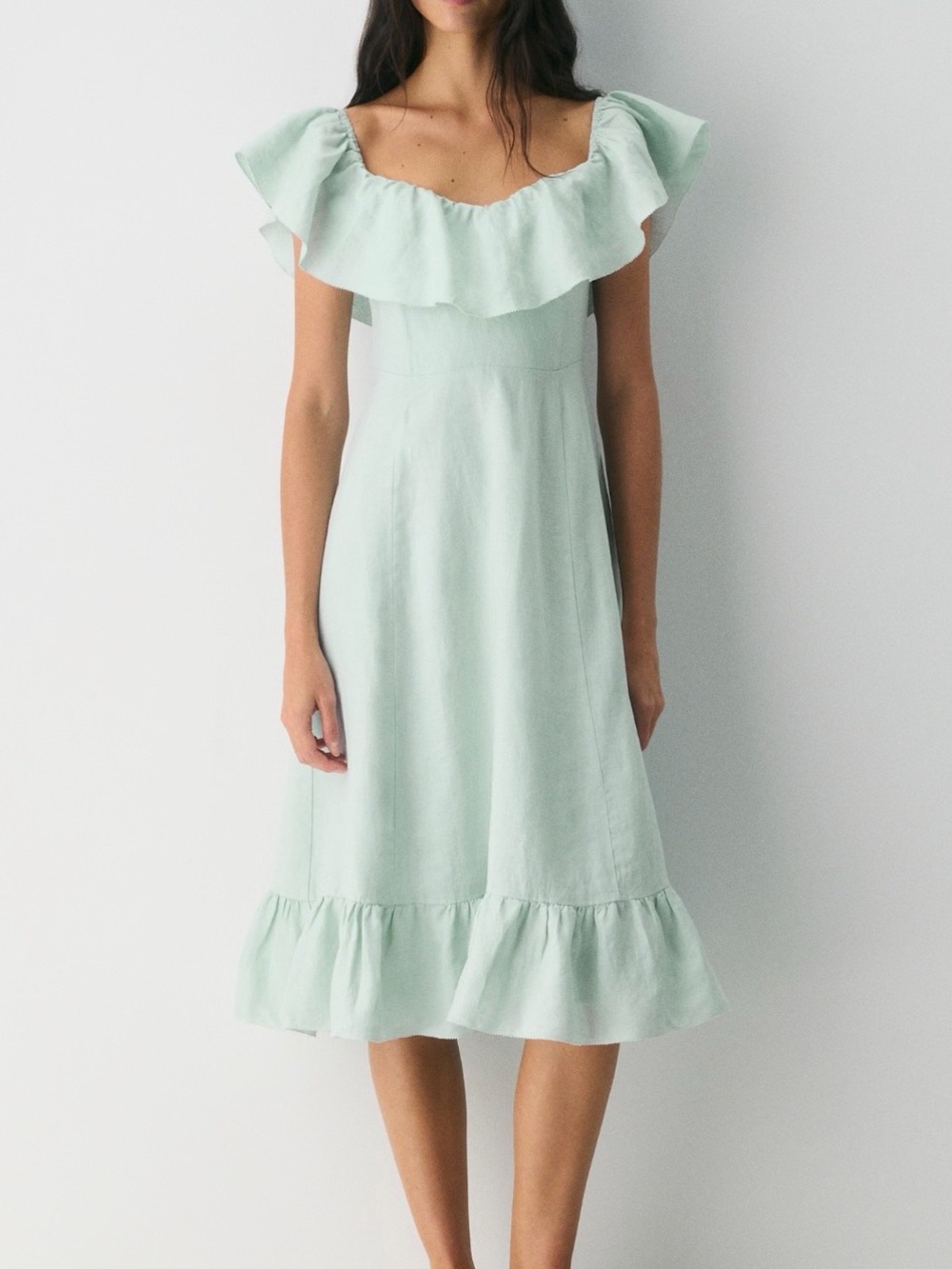Aritzia Mint Ruffle Off-Shoulder Midi Linen Dress Like New sz 8